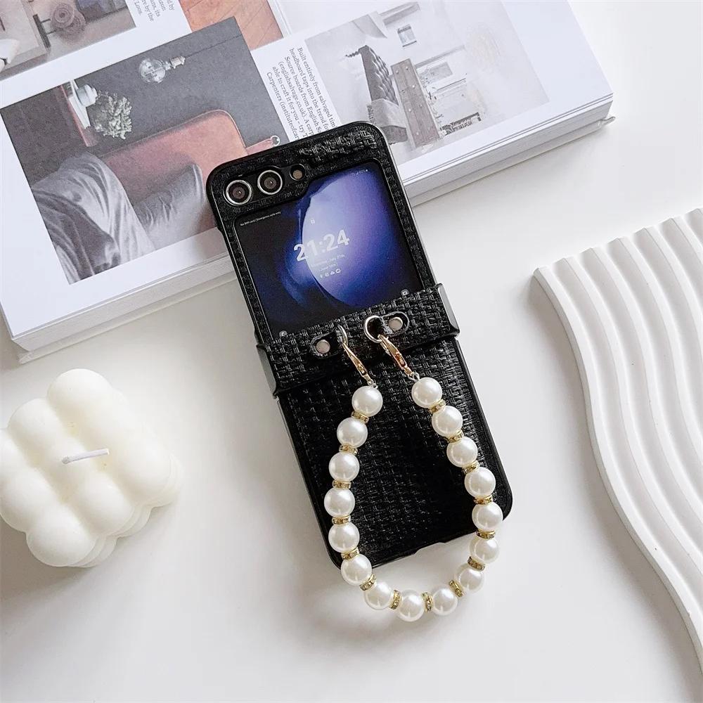 Luxuriöses Leder Perlen Handgelenkband Handyhülle für Samsung Galaxy Z Flip 6 5 4 3 Flip5 Flip4 Flip3 5G Schutz Stoßfest 5G Hülle