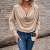 Women'S Elegant Cowl Collar Long Sleeve Knit T-Shirt, Regular Length Spring/Fall Top with Button Detail