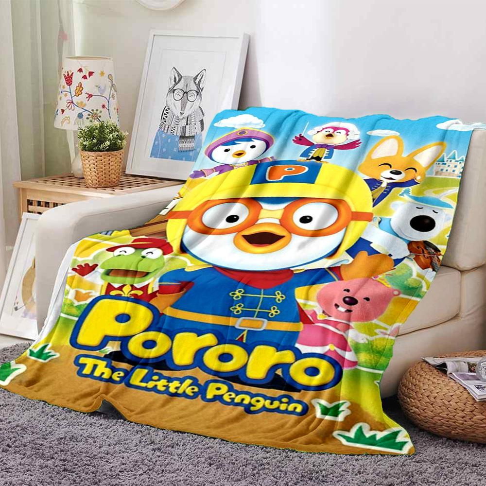 Pororo The Little Penguin Cartoon Group Character Print Flannel Blanket Soft Warm Throw Blanket for Sofa Bed Living Room