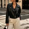 Women's Faux Leather Moto Jacket Multi Color Lapel Collar Asymmetric Zipper Crop Jacket