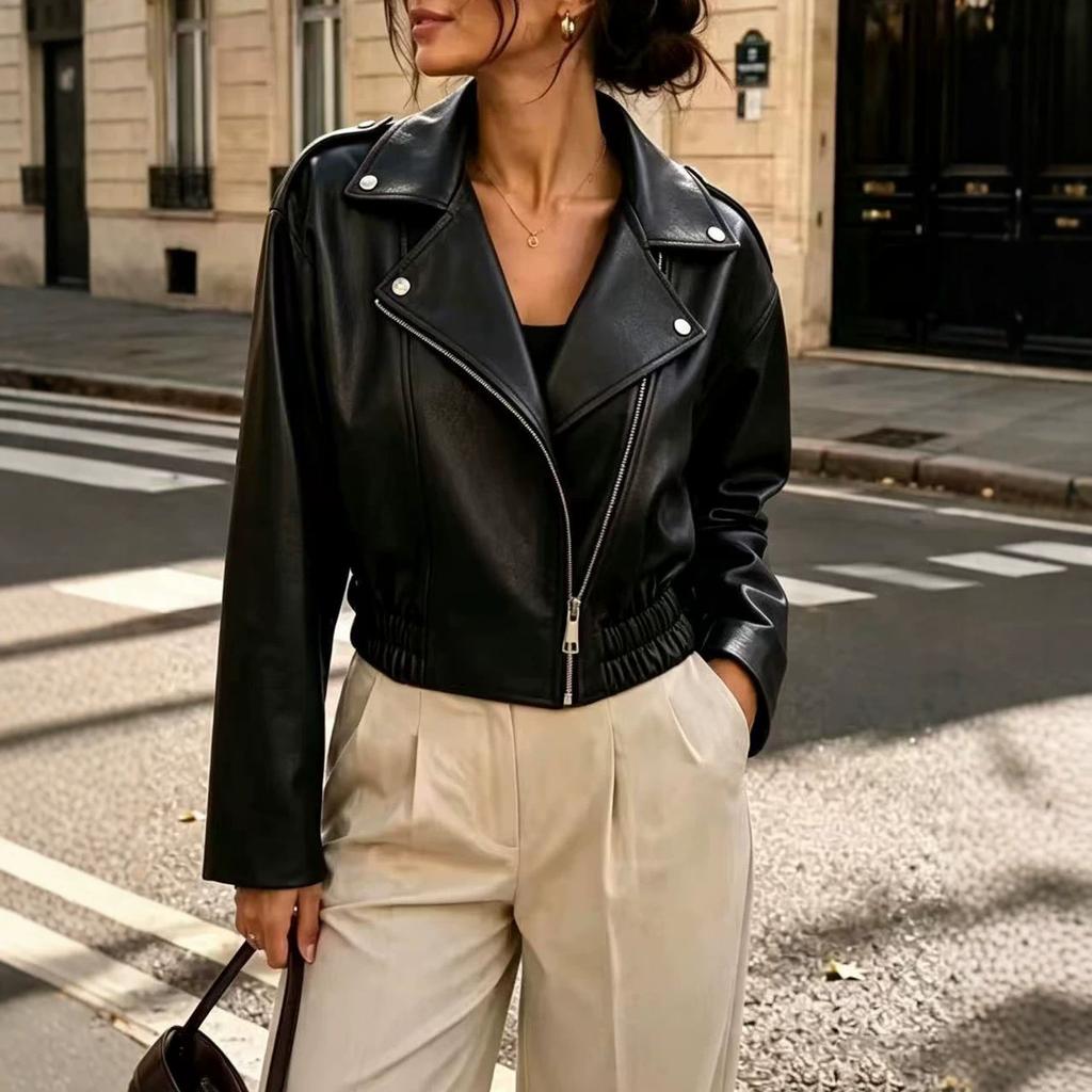 Women's Faux Leather Moto Jacket Multi Color Lapel Collar Asymmetric Zipper Crop Jacket