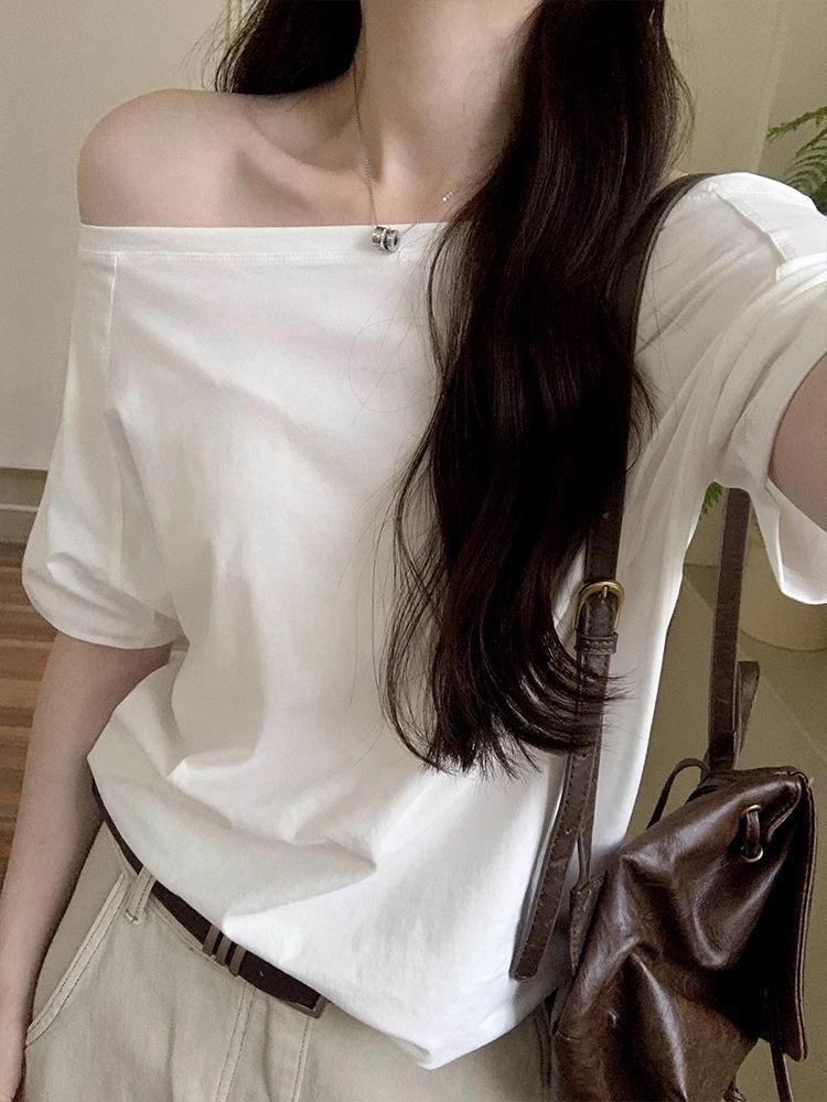 Elegant White One-Shoulder Long-Sleeve Loose-Fit Women's Autumn/Winter Top
