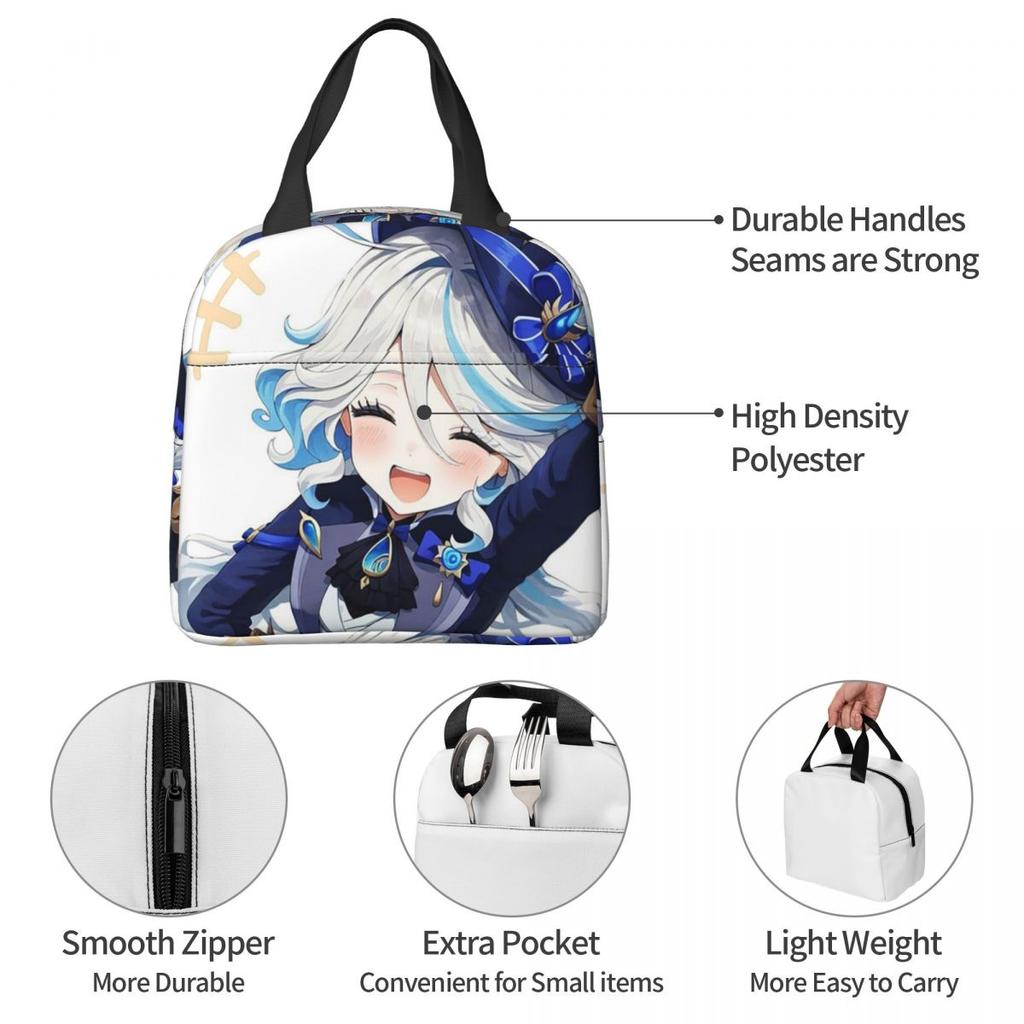 Furina Genshin Impact Insulated Lunch Bag for Women Kids Portable Food Boxes Thermal Lunch Box Tote