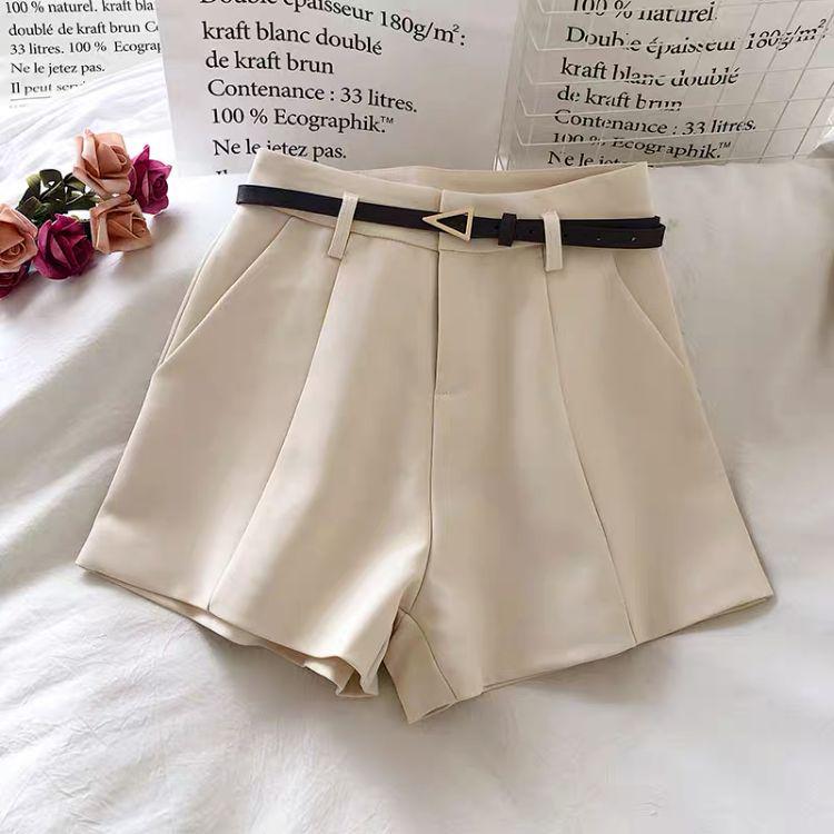 Spring 2025 Women's Apricot Belted Wide-Leg A-Line Suit Shorts - Versatile and Slimming Casual Outerwear