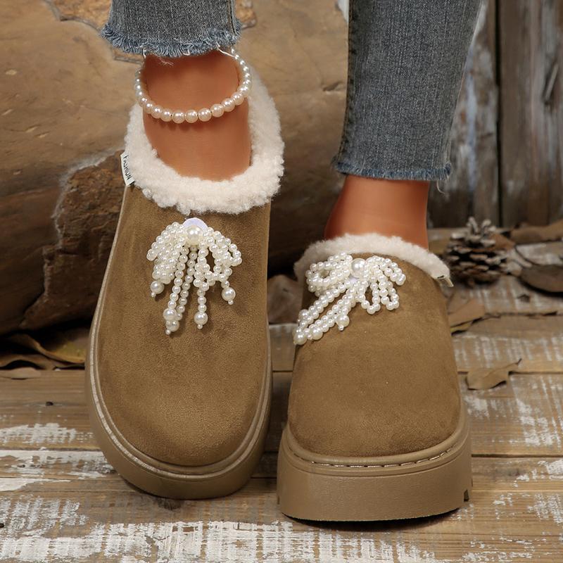 Fashion Pearls Decor Thick Sole Plush Slippers Women Outdoor Warm Winter Cotton Shoes Woman Plus Size 36-43 Non Slip Snow Boots