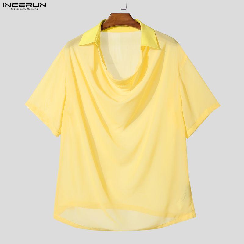 INCERUN Summer Men Swing Collar Short Sleeve Mesh See Through Hollow T-shirts Tops