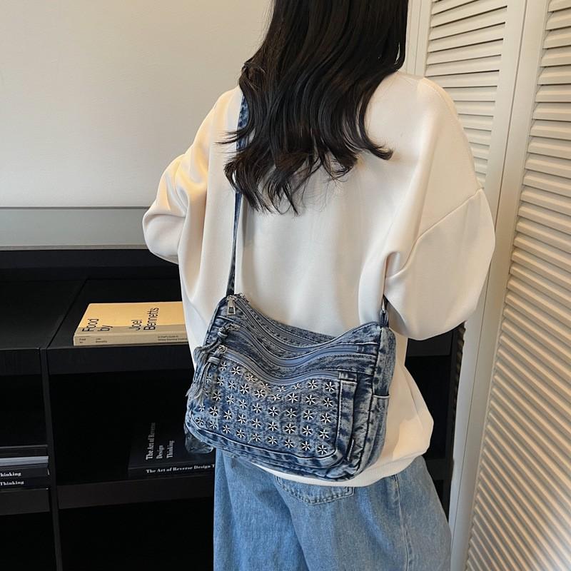Damen Vintage Denim Schultertasche Lässige Crossbody Weich Mittlere Größe Reise Geldbörse in Schwarz Blau Marine
