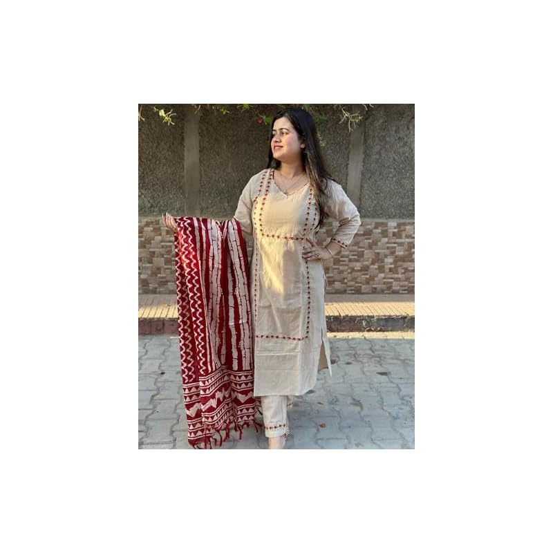 GoSriKi Ladies Rayon Blend Embroidered Straight Kurta with Trousers and Dupatta, beige, XXL