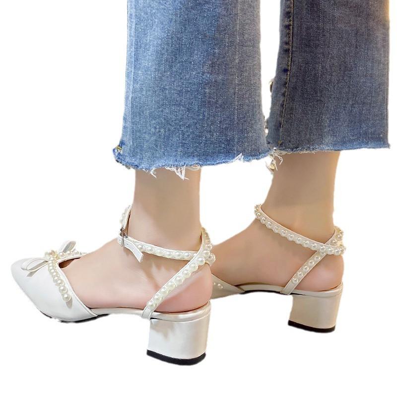 Fransk flickbåge pärlväska huvud enkelskor damklack tjock klack retro Mary Jane-skor 2025 nya sandaler
