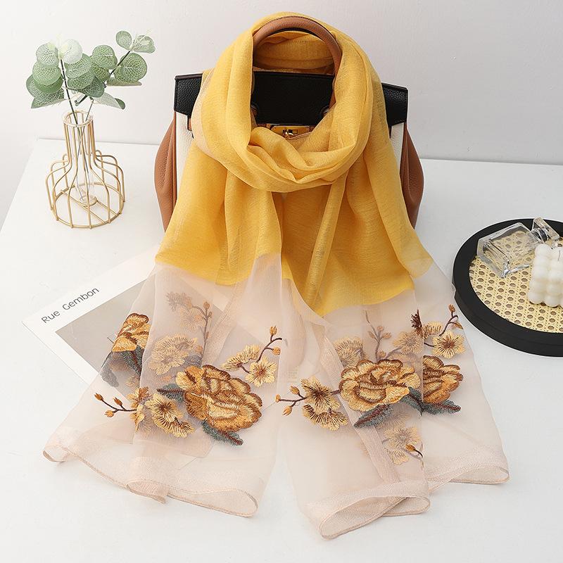 Four Season Silk Wool Scarf Women Hijab Pashmina Shawls Wrap Bandana Blanket Floral Pashmina Embroidery Scarves Foulard Femme