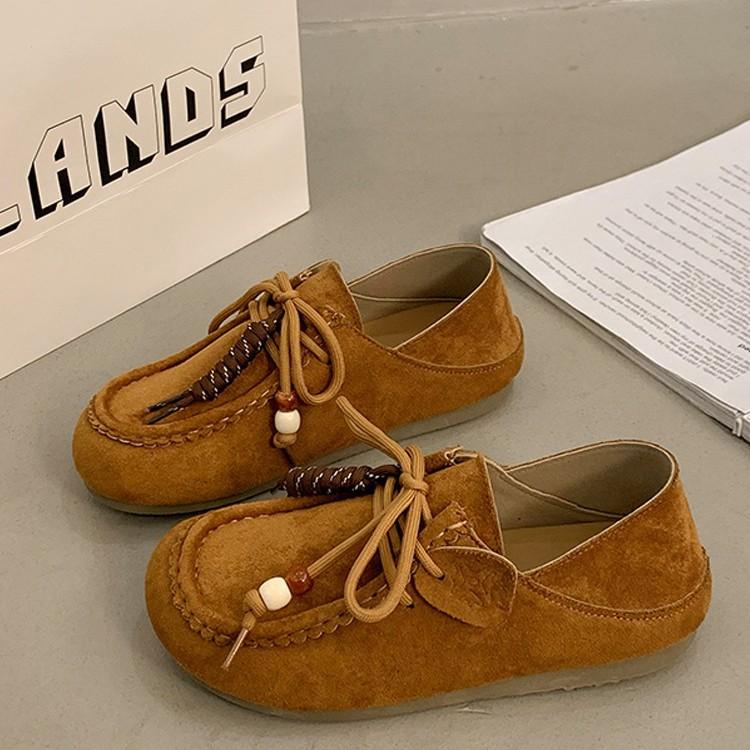 2025 autumn new flat-bottomed casual beanie shoes female kangaroo lace-up comfortable two wear suede loafers single shoes
