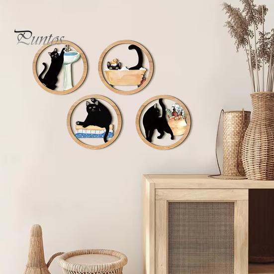Nordic Style Wall Decoration 4 Pcs Minimalist Black Cat Art, Geometric Round Circle Wooden Matte Finish Decor Decor, Abstract Hanging Sign for Living
