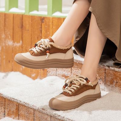 Retro Leather Shoes Autumn and Winter Velvet Warm Flat Heel Soft Bottom Round Head Casual Women's Shoes Lace Up Fluffy Single Shoes Women