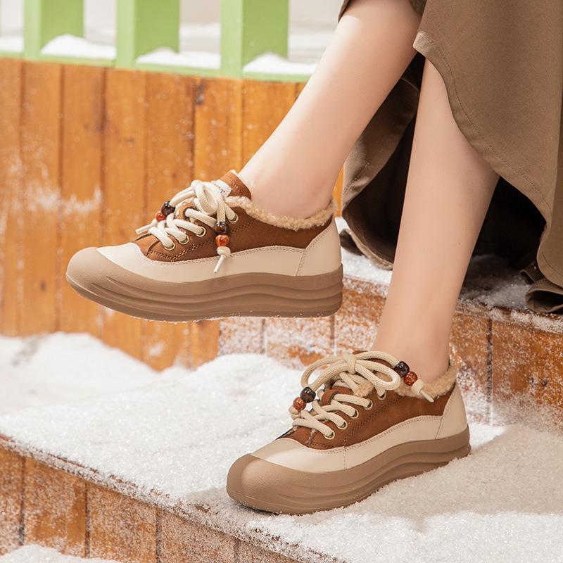 Fleece Single Shoes Women's Shoes Leather Thick-soled Warm Fluffy Shoes Women's Snow Leather Shoes New Winter Non-slip Cotton Shoes