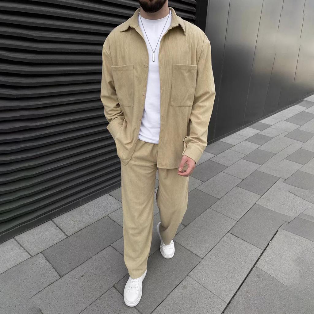 Men's Solid Color Button Double Pocket Long Sleeve Jacket Casual Trousers Two Piece Suit
