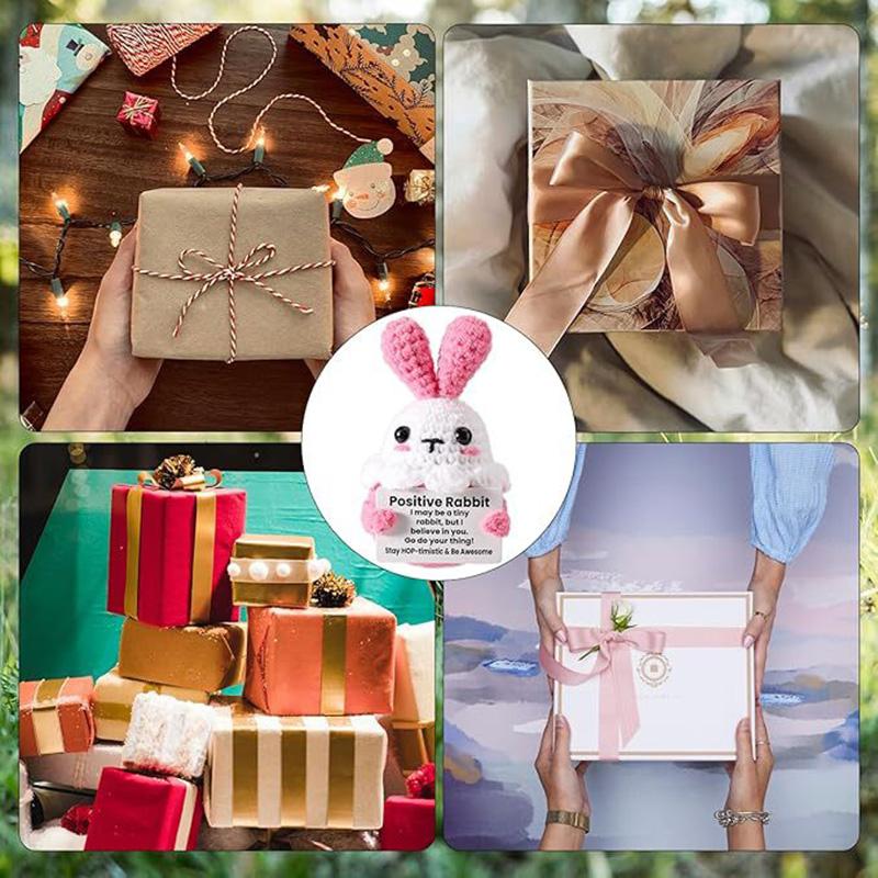 Crochet Rabbit Doll Ornament Home Room Decoration Handmade Knitted Positive Energy Bunny Doll With Card Christmas Party Gifts