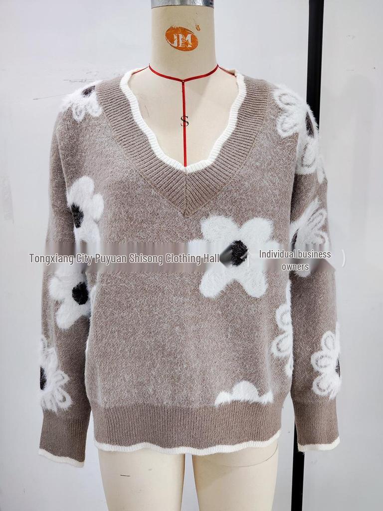 Women's Faux Mink Jacquard Lace Collar Knit Pullover Sweater for Autumn/Winter