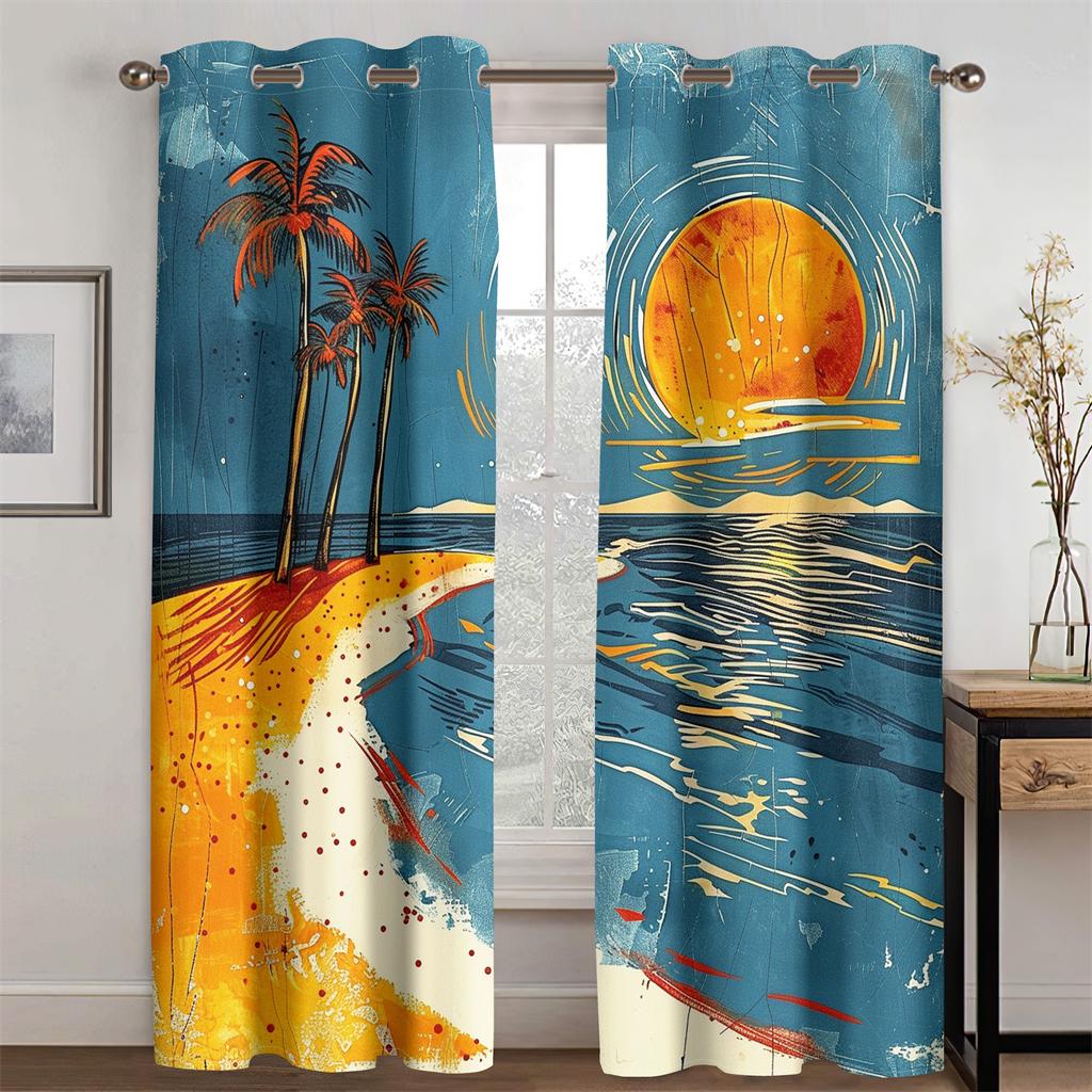 3D Palm Tree Sea Coast Retro Sea View Curtains Beach Sunset Living Room Bedroom Kitchen Balcony Decor New Products Promo 2 pcs