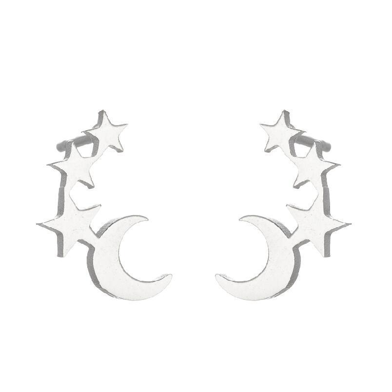Stainless Steel Five-Pointed Star Moon Stud Earrings - Versatile Fashion Cartilage Jewelry