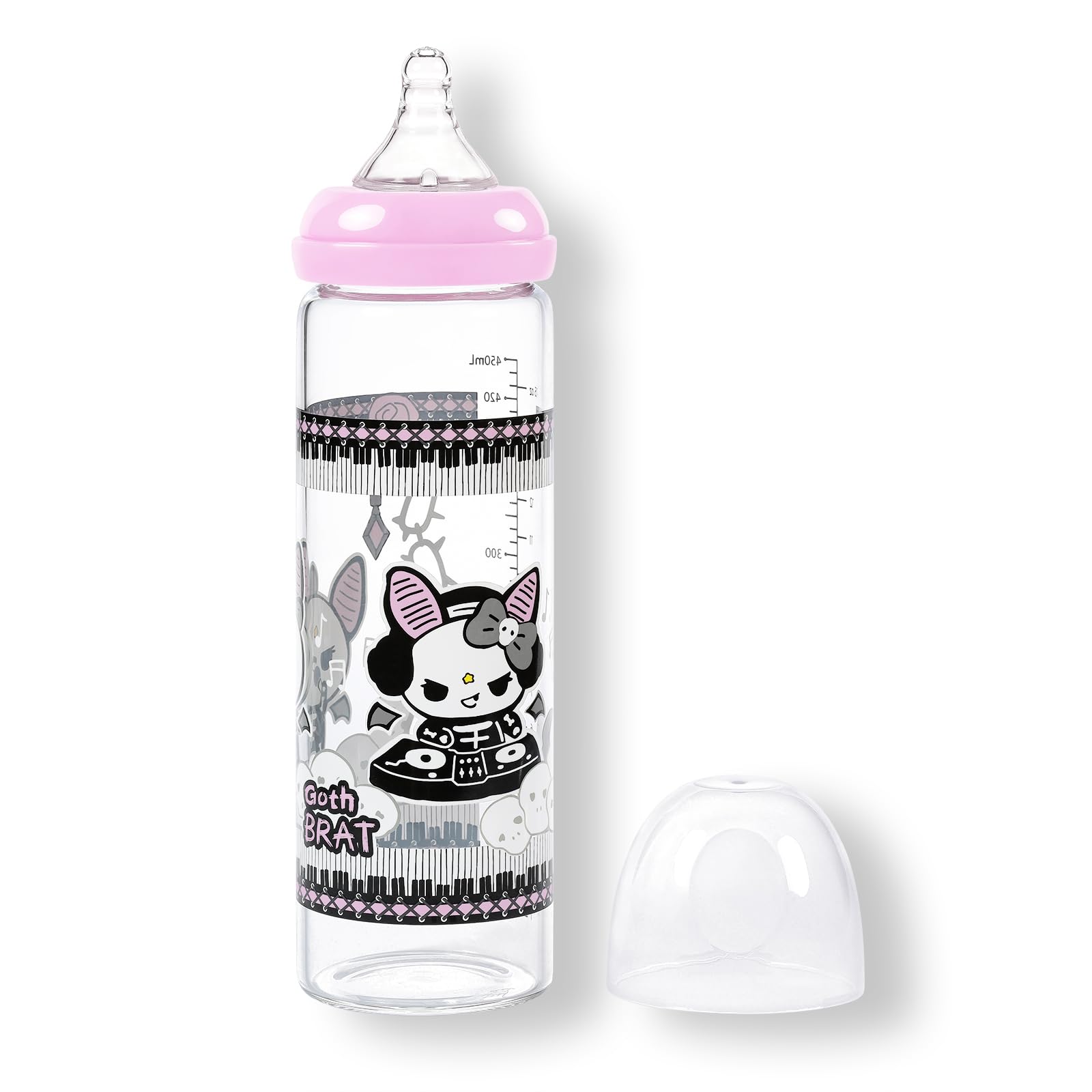 

LittleForBig Adult Bottle 450mL Large Capacity (Naughty Bella the Musician) Wide-Mouth Design Silicone Nipple with Dust Cap Glass Baby Bottle Black