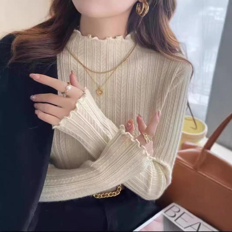 Fungus Edge Knitted Sweater Women's New Chic Top Semi-turtleneck Bottoming Shirt Women's Autumn and Winter Wear