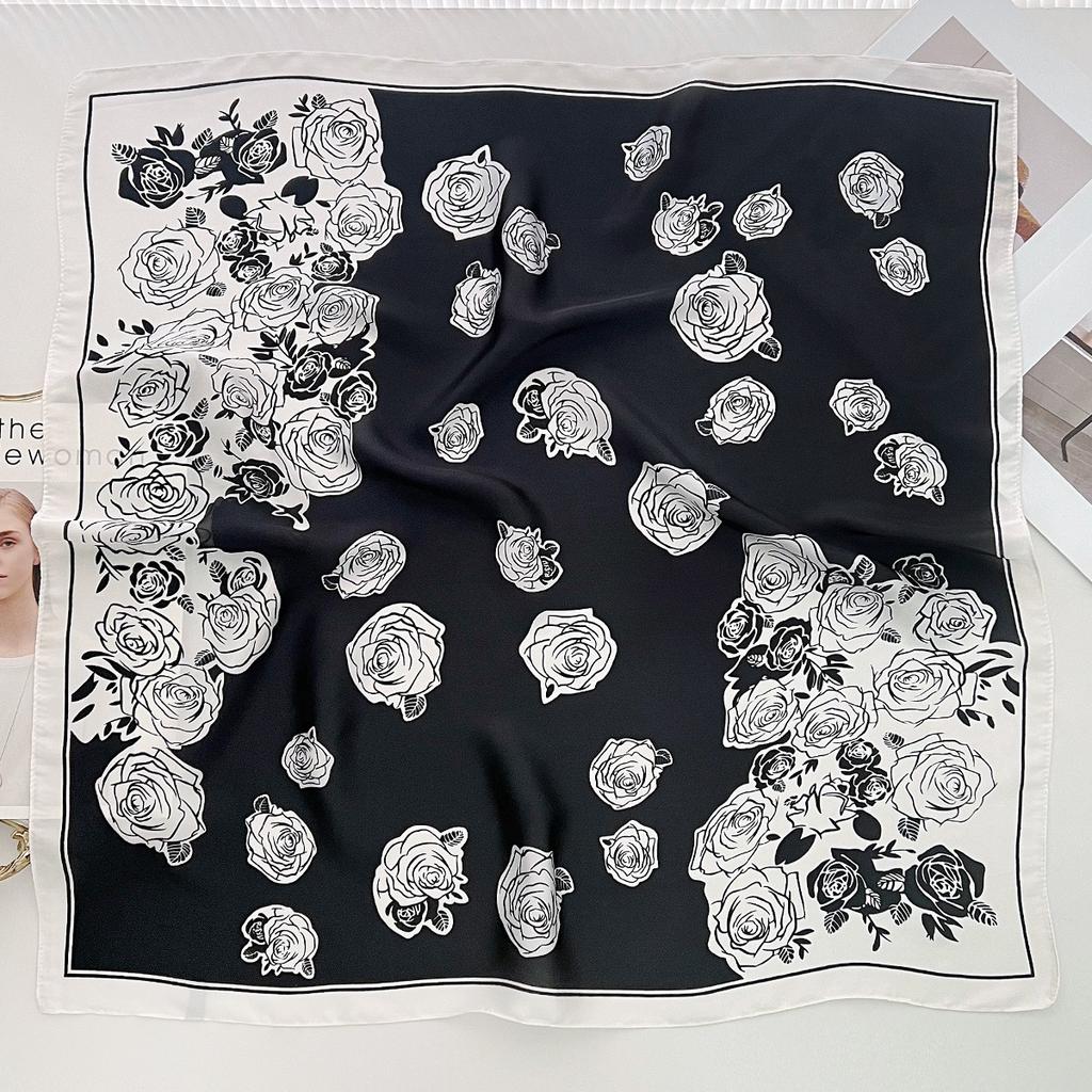 Xiaoxiangfeng rose flower printing silk scarf women's versatile summer imitation silk small square scarf light and simple foreign style scarf
