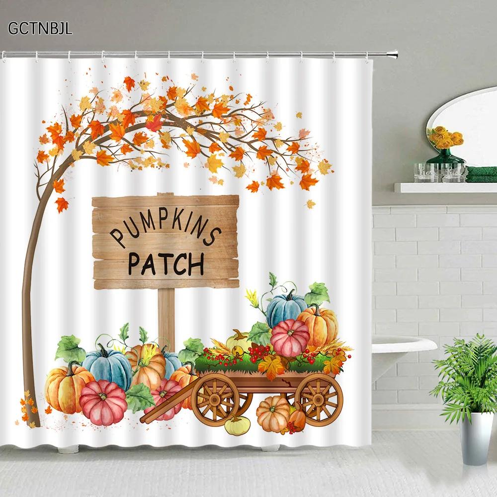 Fall Shower Curtain Maple Truck Pumpkin Sunflower Flowers Autumn Landscape Thanksgiving Decor Bathroom Curtain Fabric Washable