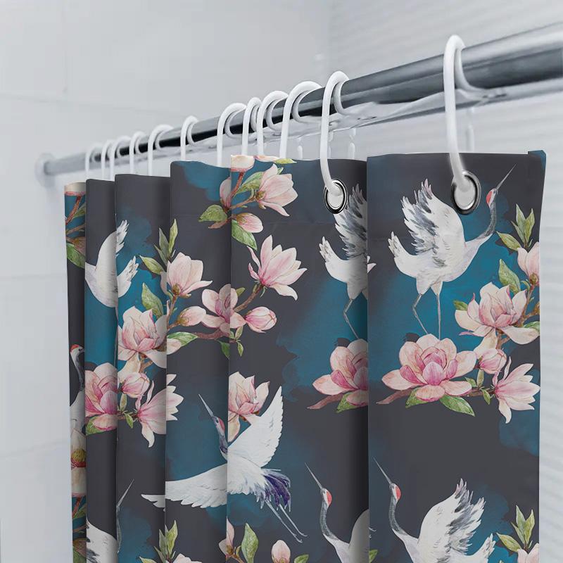 Tenda da Doccia Lussuosa con Stampa Floreale e Gru Sfondo Blu Navy con Fiori e Uccelli per Decorazione Bagno