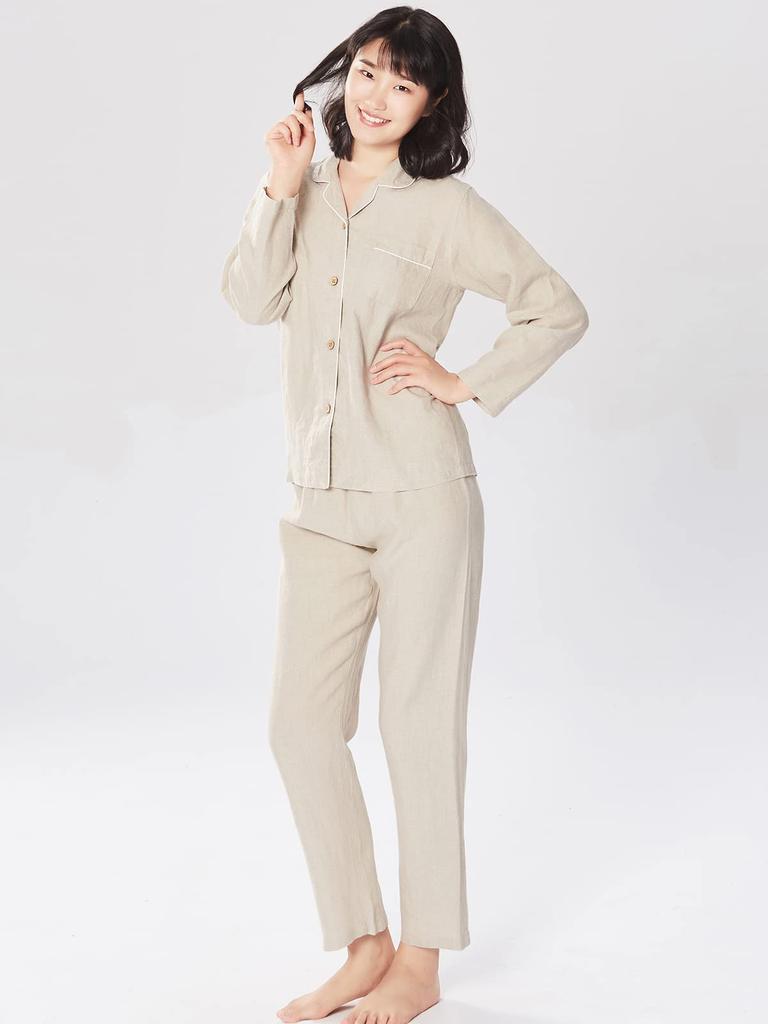 RAKUYUME Linen Long Sleeve Loungewear for and and Size Women's Pajamas, Spring, Summer, Autumn, Winter, Moisture-Wicking Quick-Drying (Light Khaki, M)