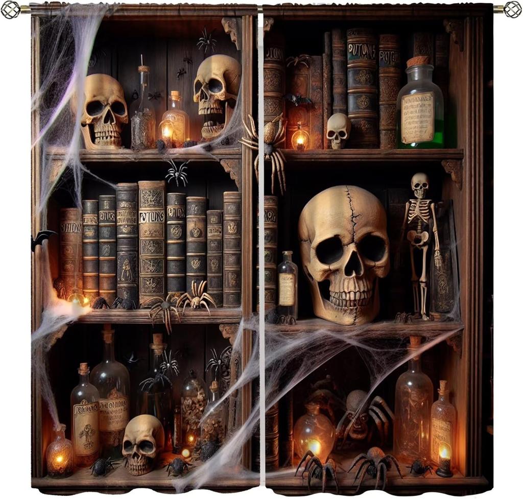 Gothic Bookshelf Curtain Antique Bookcase Spooky Skull Magic Book Halloween Themed Decor Window Kids Teens Adults Curtains Made Of Polyester