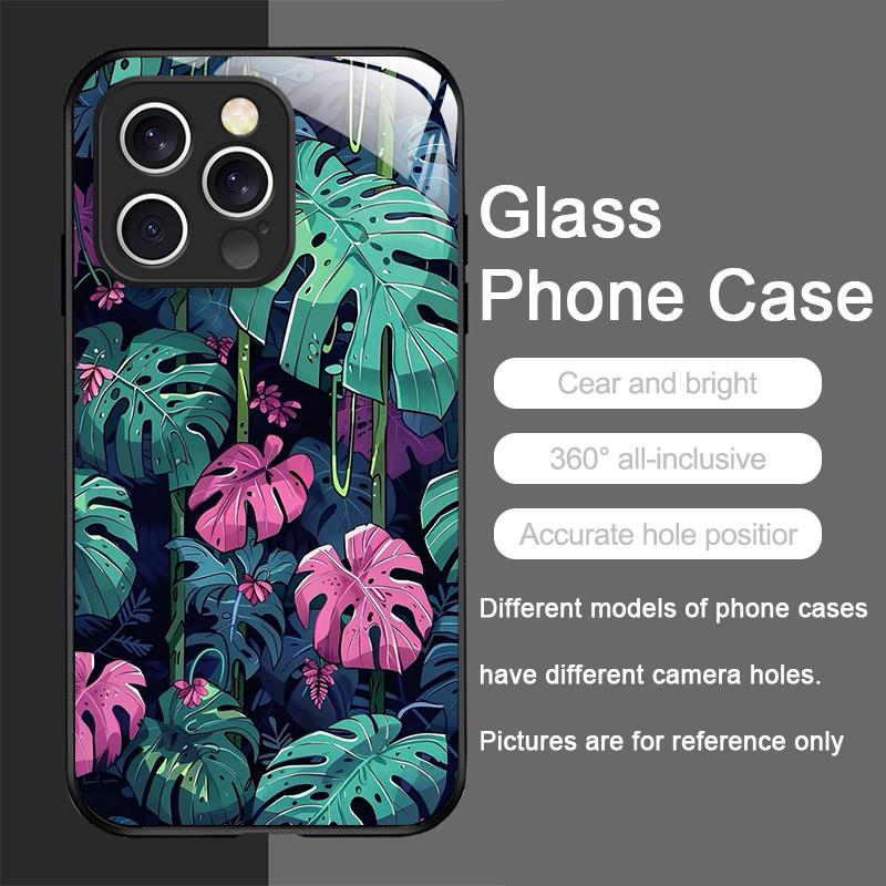 Fashion Palm Leaf Floral Pattern Tempered Glass Phone Case for IPhone 17 16 Pro Max 15 14 13 12 Mini 11 X XS MAX 7 8 Plus Cover