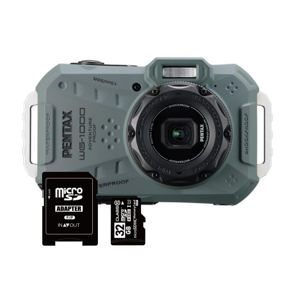 PENTAX Compact Digital 15m 2m CALS 4x Optical 32GB SD Card Included WG-1000 Camera, Waterproof, Dustproof, Shockproof, Mode, 16MP, Zoom, (Olive)