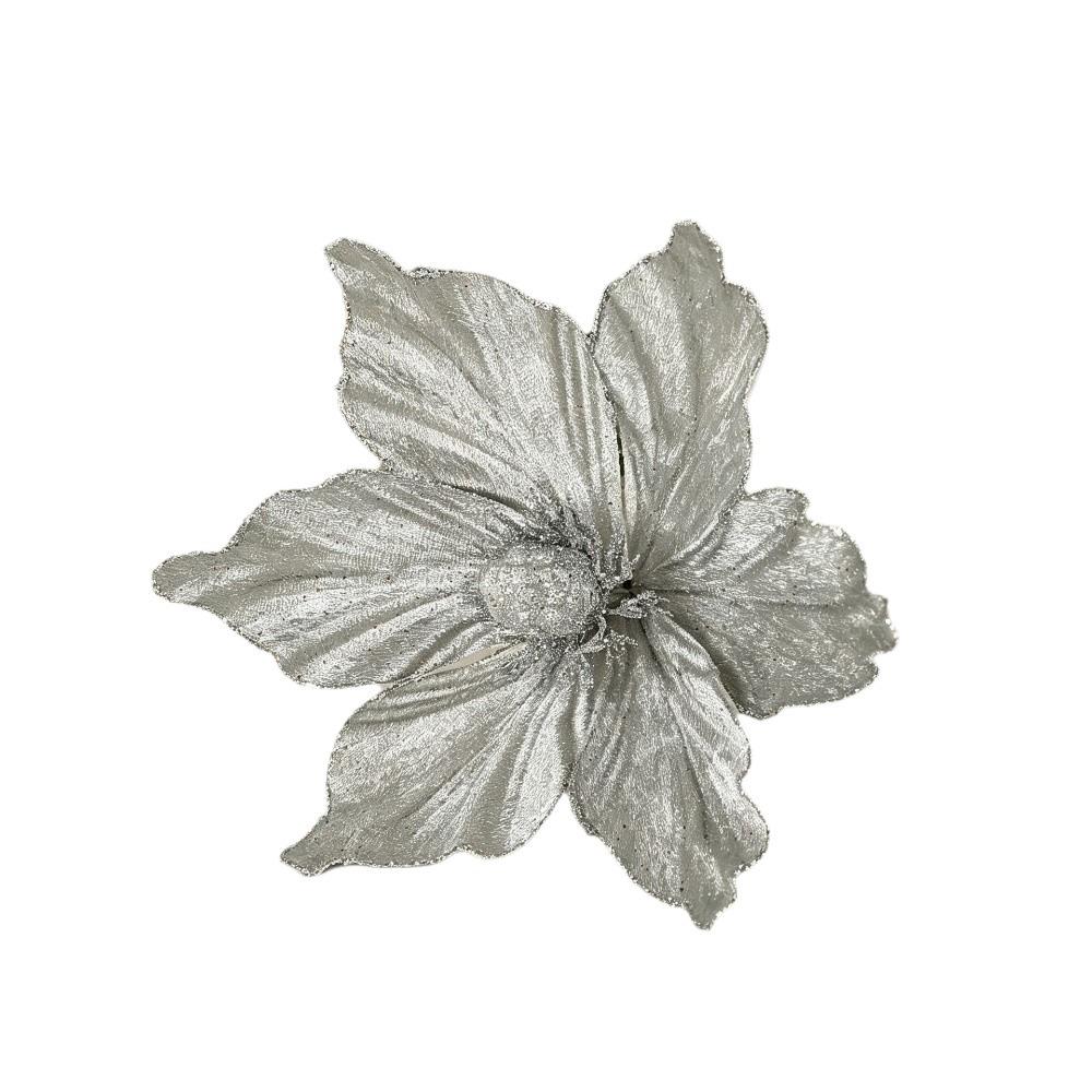 Fabric Artificial Magnolia Flower Sparkling Petal Glitter Edge Christmas Magnolia Pick with Stem Fake Glitter Flower