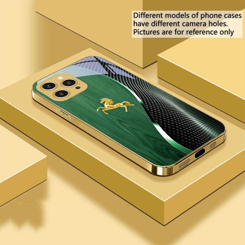 Holzmaserung Goldenes Pferd Für IPhone 16 Pro Max 15 Pro 14 13 Plus 12 Mini 11Pro Max XS Max XR Goldene gehärtete Glas Handyhülle