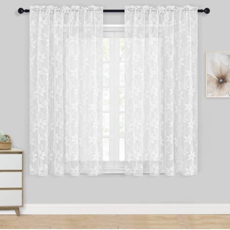 Lace White Floral Sheer Curtains For Daily Bedroom Kitchen Decoration Set 2 Of