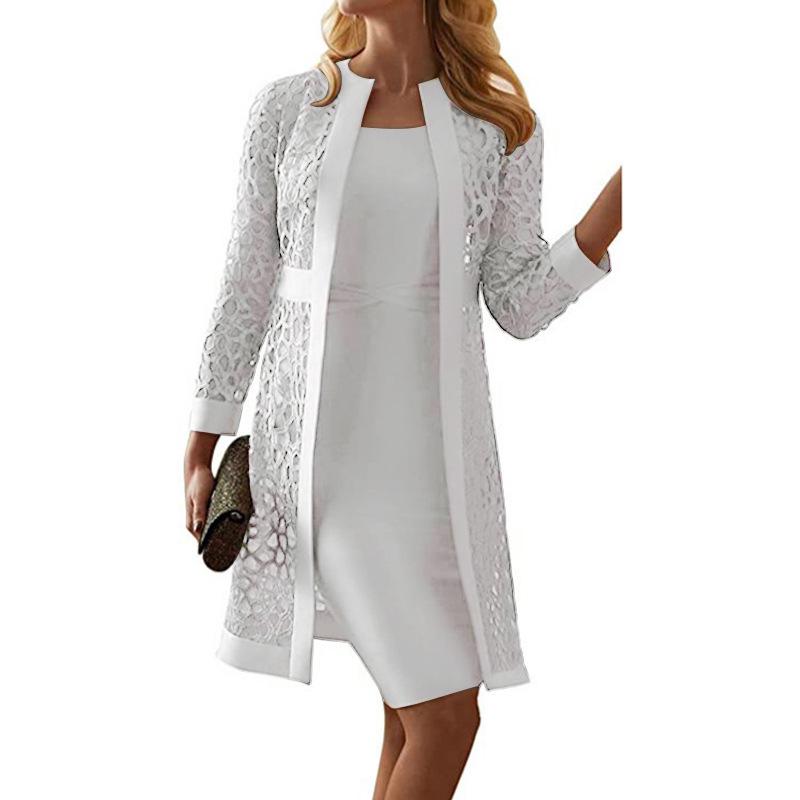 2025 Women's Color Lace Cardigan Dress Set - Two Coats Included