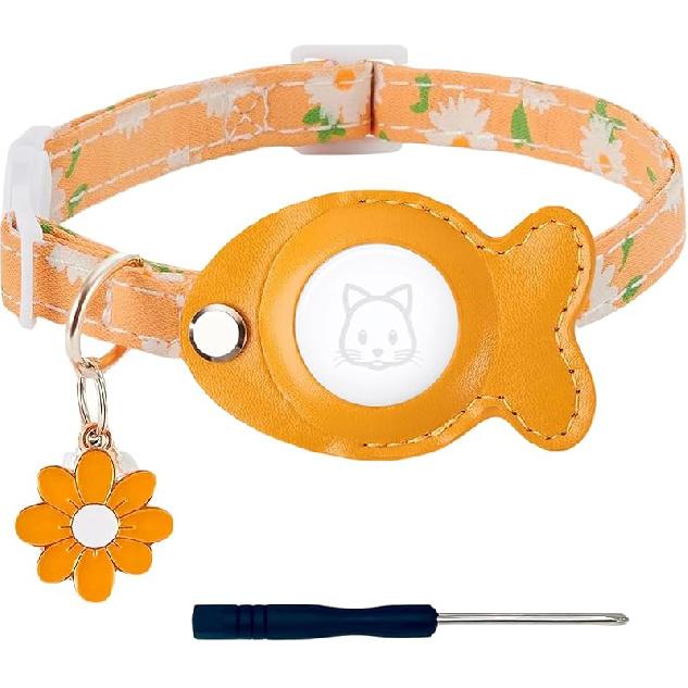 Cat Collar for Airtag, Breakaway Cat GPS Tracker Collar Kitten Collar with Airtag Holder and Bells for Girl Boy Cats Cute Personalized Cat Collar жёлтый