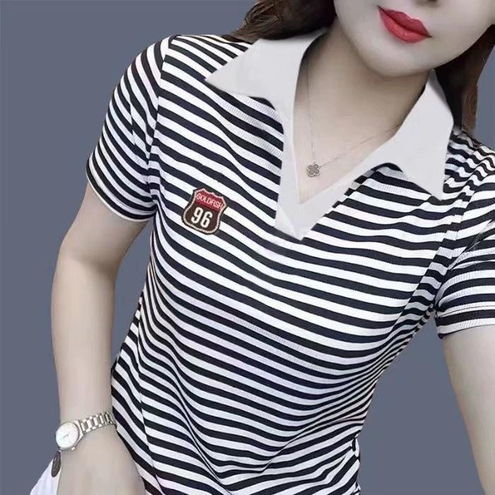 Short Sleeved T-shirt, Plus Size Women's Clothing, Pure Desire Polo Shirt, Lapel Striped Contrasting Color, Stylish Casual Versatile Top