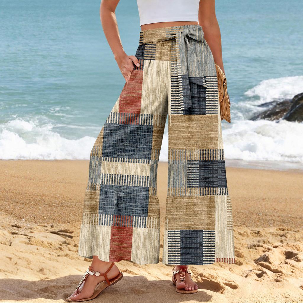 Women's Wide-Leg Casual Pants, Stretch, High Waist, Ruffled Hem, Wide Legs, Belted, And Pockets