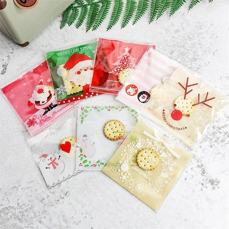 100Pcs 10x10cm Christmas Series Cookie Biscuit Candy Snack Plastic Self-adhesive Xmas Party Gift Bags