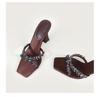 2025 Summer European and American Satin Thin Heel Cross Rhinestone Square Head Open-toed Sandals Women's High-heeled Slippers Fashionable and Sexy