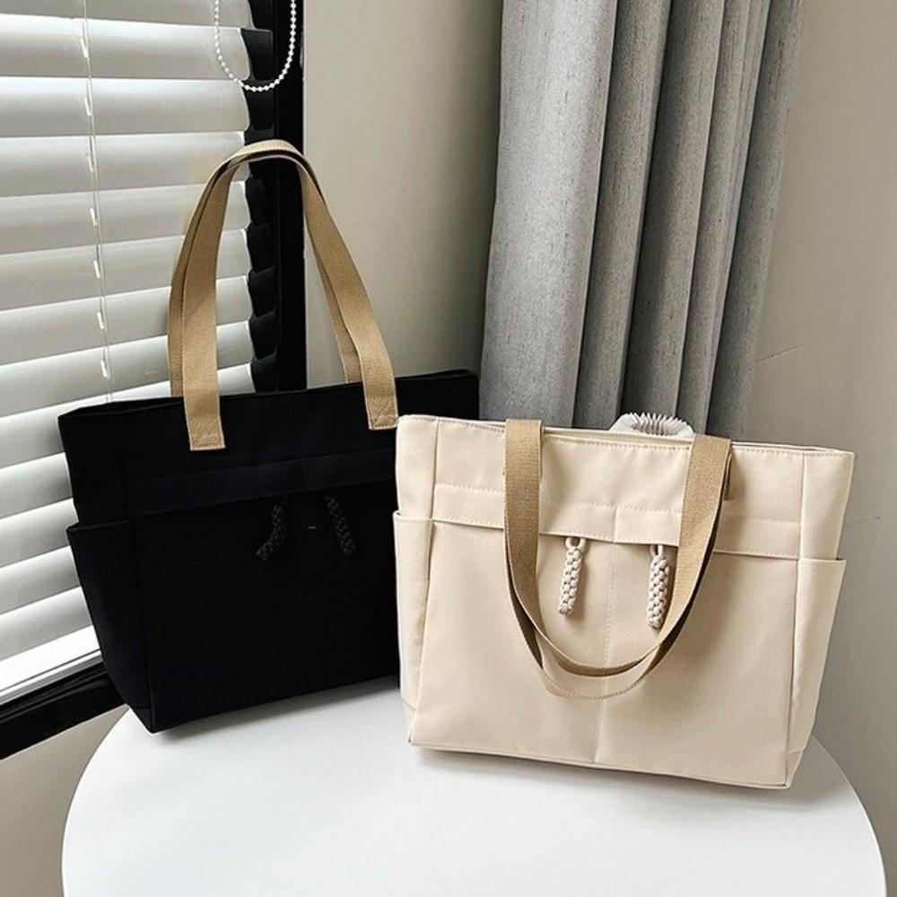 Portable Solid Color Canvas Tote Bag Japanese Style Multi Pocket Simple Handbag Large Capacity Shoulder Bag Ladies