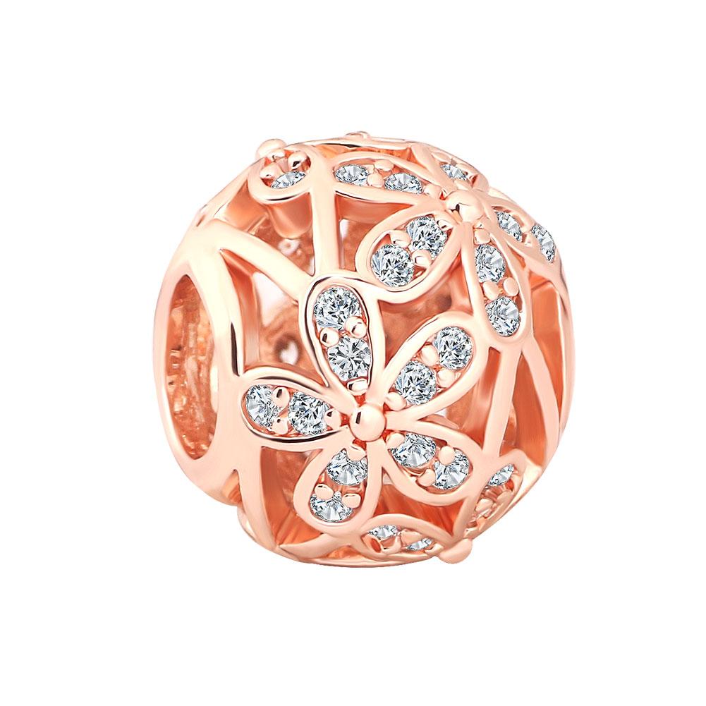 Newpure Copper Rose Gold Circular Hollowed-Out Petals Pendant Beads Fit Original Charms Bracelet Diy Women Jewelry
