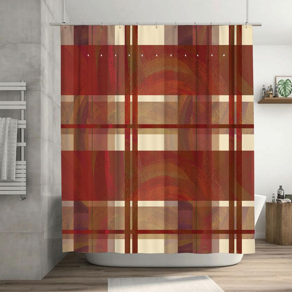 Plaid Shower Curtain Red Gold Beige Striped Bath Decoration Waterproof Bathroom Privacy Divider Available In Multiple Sizes For
