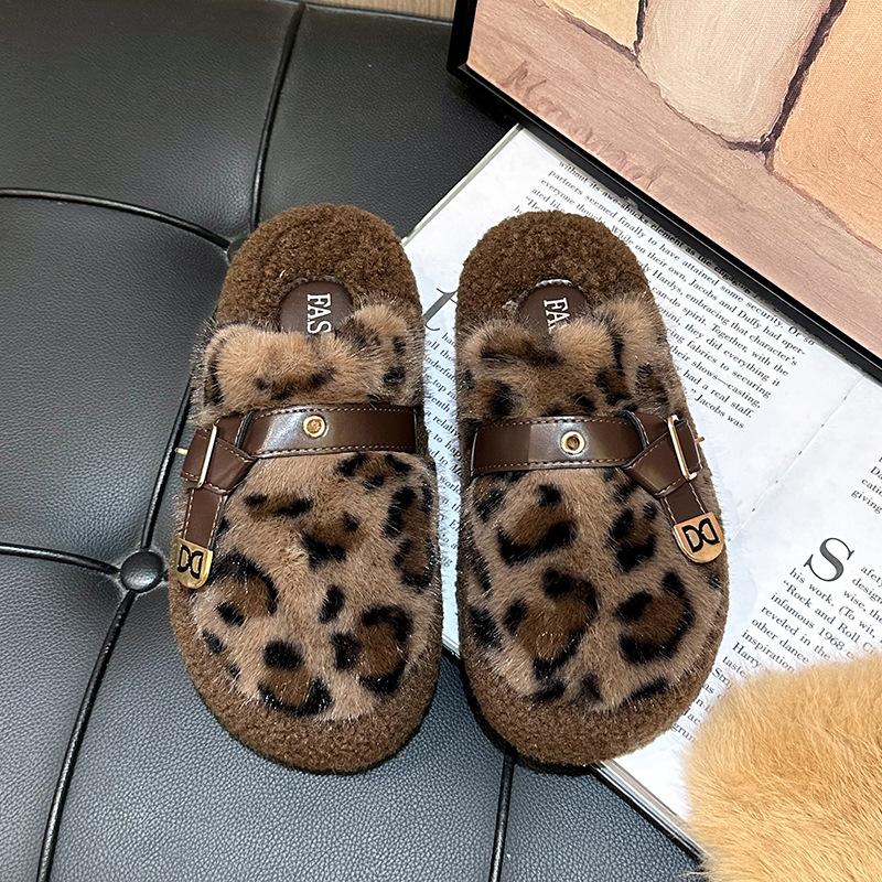 Thick-soled Plush Bag Head Half-towed Cotton Shoes, Women Wear Autumn and Winter New Internet Celebrities Popular Leopard Print Fluffy Slippers