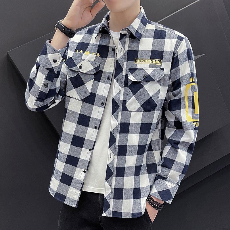 Camicia a quadri da uomo primavera e autunno taglia grande colletto alla coreana camicia casual