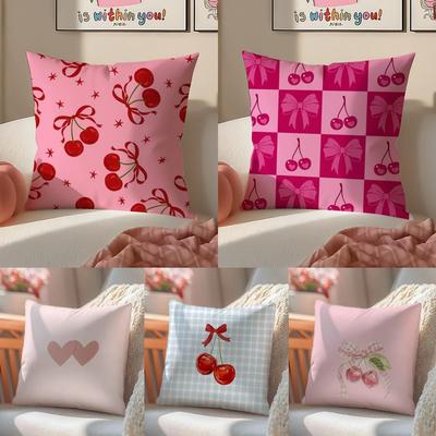 Sweet Girly Floral Art Pink Bow Cherry Pattern Cushion Cover Pillowcase Short Plush Invisible Zipper Room Sofa Cushion Cover