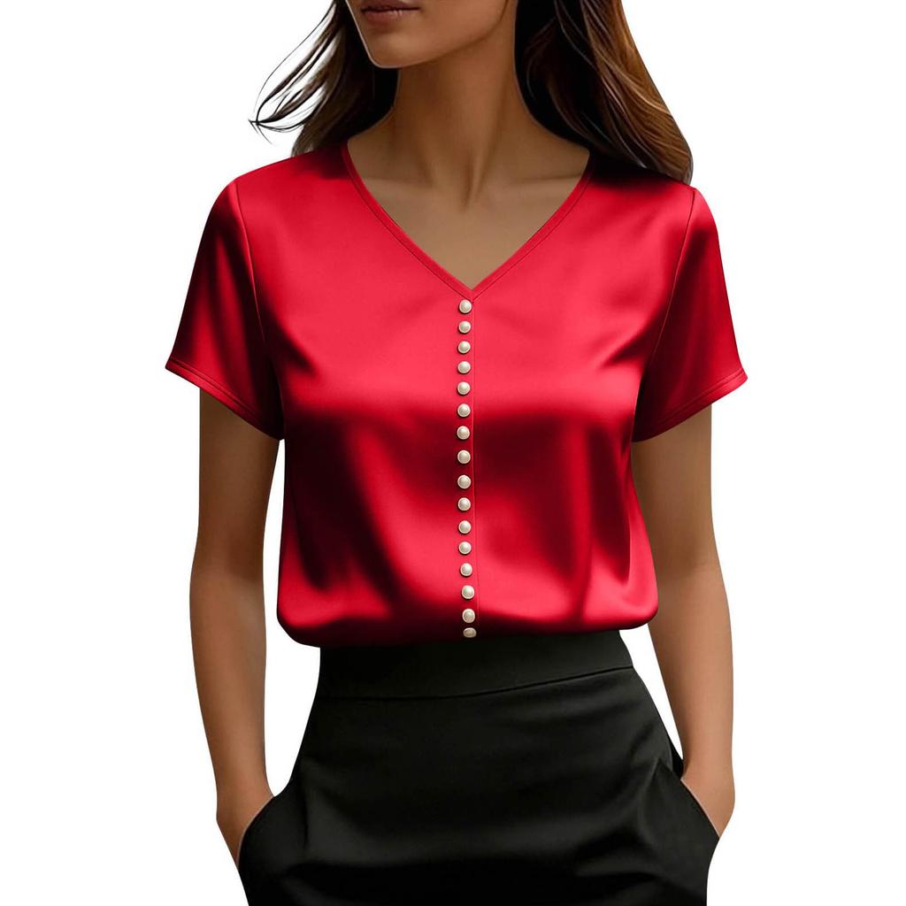 Top de damă din satin cu mânecă scurtă, Bluză elegantă de vară cu decolteu în V și nasturi perlă, Top casual formal,