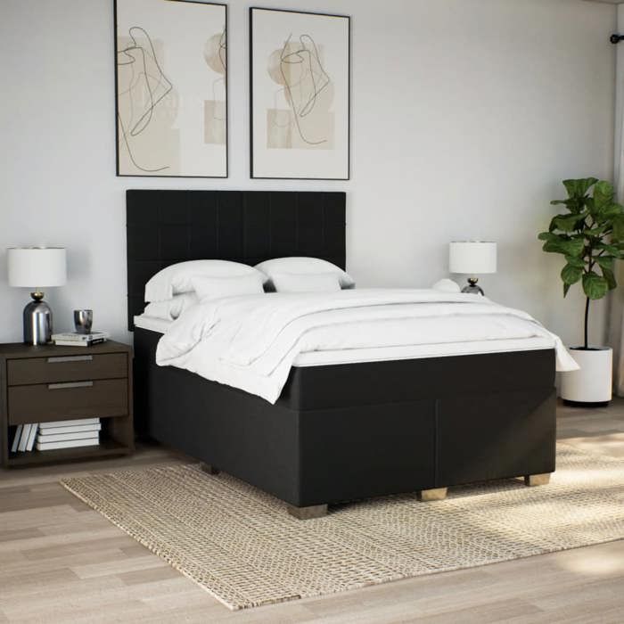 Exclusive House - Slatted Bed Base with Mattress Black 140x190 Cm Fabric