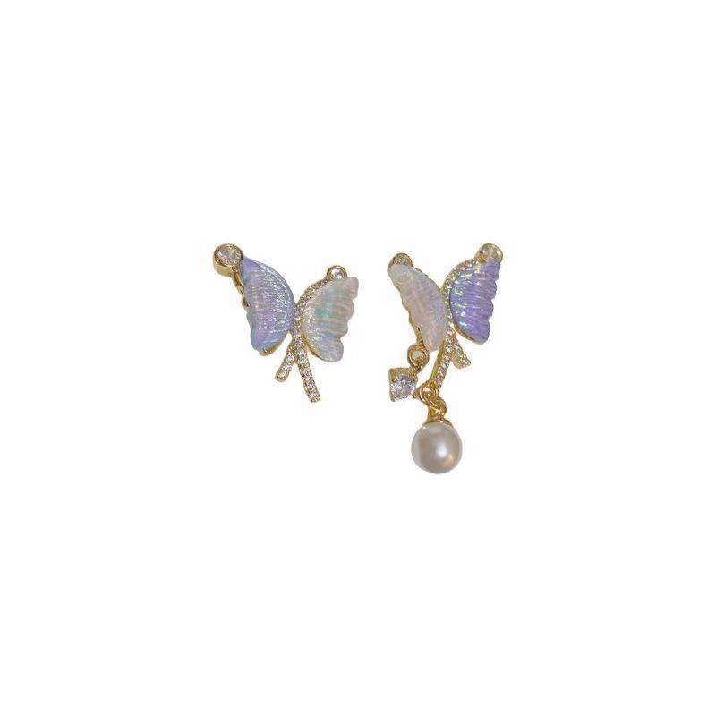Silver Needle French Light Luxury Asymmetrical Color Butterfly Stud Earrings Temperament Pearl Earrings Fashion Sweet and Cool Wind Earrings